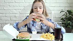 Kid Eating Fast Food, Child Eats Hamburger in Restaurant, Teenager Girl Drinking