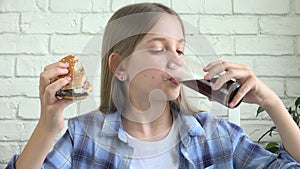 Kid Eating Fast Food, Child Eats Hamburger in Restaurant, Teenager Girl Drinking