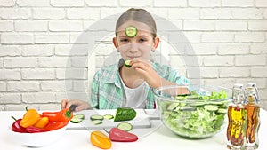 Kid Eating Green Salad, Child in Kitchen, Blonde Teenager Girl Eats Fresh Vegetables, Cooking Healthy Greenery Food