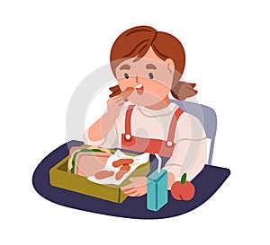 Kid eating homemade food in lunchbox. Happy child having healthy meal from lunch box. Cute school girl and nutritious