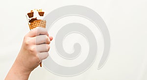 Kid eating ice cream wafer cone with happiness