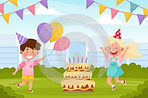 Kid Enjoy Party Celebration with Cake and Garland Vector Illustration