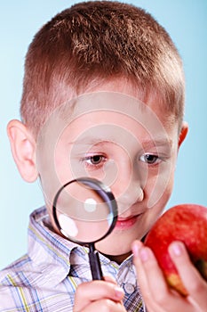 Kid examine apple with magnifying glass.