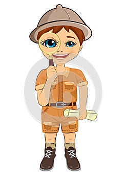 Kid explorer boy with safari hat holding magnifying glass and treasure map