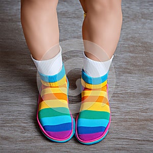 Kid feet wearing colorful rainbow shoes and socks