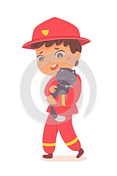 Kid firefighter rescuing cat, boy fireman in red costume holding pet animal to rescue