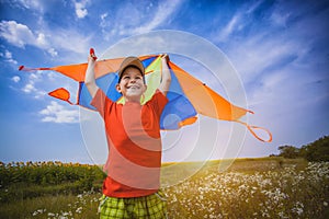 Kid flies a kite into the blue sky