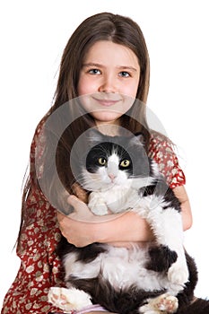 Kid and fluffy cat
