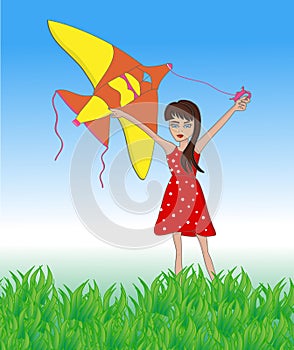 Kid with flying kite in field with blue sky outside