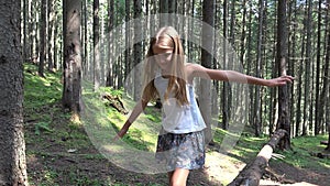 Kid in Forest Walking on Tree Log, Child Playing in Park, Tourist Adventure Girl in Camping in Mountains, Children in Camp Trip