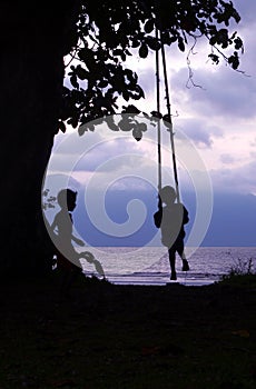 Kid & Friend on Swing Borneo Coast