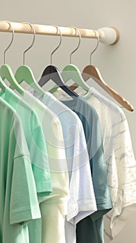 Kid friendly pastels Shirts hanging on rack, soft and inviting