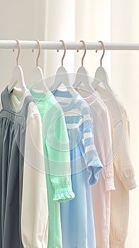 Kid friendly pastels Shirts hanging on rack, soft and inviting