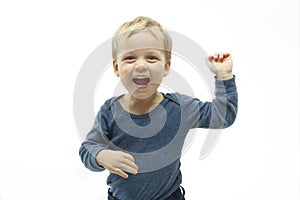 Kid with funny expression gesture open hand fingers on white background. winning baby boy