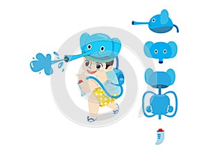 Kid funny play with elephant water gun in Songkran day Thailand festival.Charater child desgin with water gun prop design