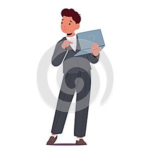 Kid Future Profession Concept. Boy Businessman Holding Laptop. Little Child Character In Formal Suit Managing Business