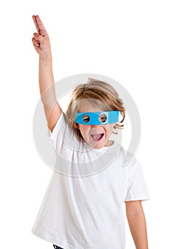 Kid with futuristic funny blue glasses happy