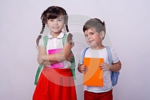 Kids get ready for school. Back to school and happy time. Science education concept.