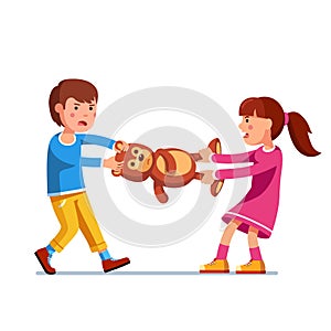 Kid girl, boy brother and sister fighting over toy