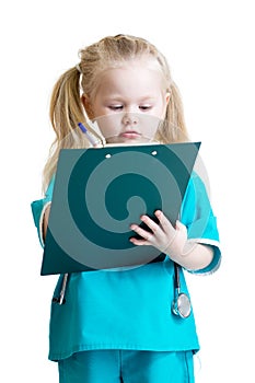 Kid girl in costume of doctor takes notes isolated