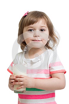 Kid Girl drinking milk or yogurt from glass
