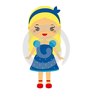 Kid girl in fashionable clothes. Cute baby girl in blue dress and red shoes