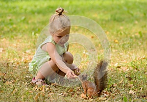 Kid girl feeds squirrel