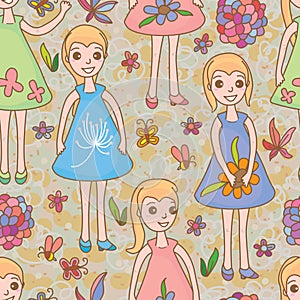 Kid girl flower seamless pattern