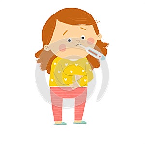 Kid girl having fever. Cartoon hand drawn10 illustration isolated on white background in a flat style.