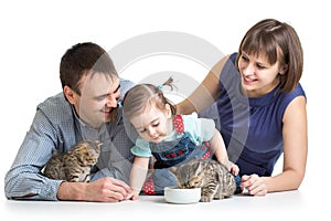 Kid girl and her parents feeding cats kittens