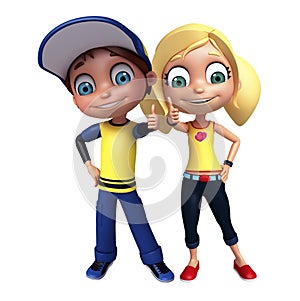 Kid girl and kid boy with Thums up pose photo