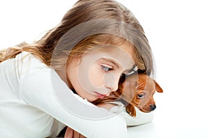 Kid girl with mini pinscher pet mascot dog