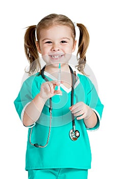 Kid girl playing doctor with syringe isolated on white