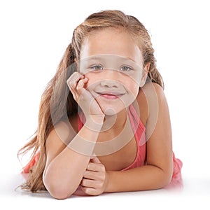 Kid, girl and portrait or happiness in studio with confidence, positive attitude and carefree youth. Child, face and