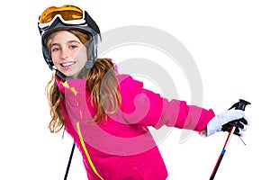 Kid girl with ski poles helmet and goggles smiling on white