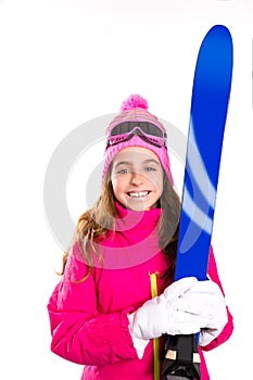 Kid girl ski with snow equipment goggles and winter hat