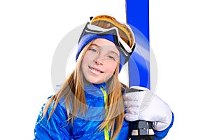 Kid girl ski with snow goggles and winter hat