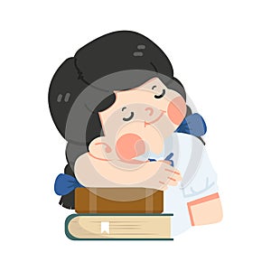 Kid girl students sleep pile stack book vector