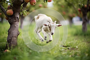 kid goat frolicking under an apple tree