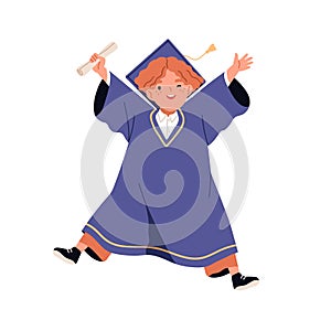 Kid in graduation gown. Cute little child graduating from elementary school. Happy boy student in bachelor hat with