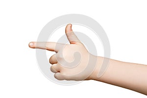 Kid hand pointing with index finger isolated