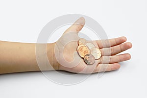 Kid hand showing money coins , child holding a coins on his hand isolate on white backgroundo photo