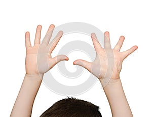 Kid hand shows number ten on white background