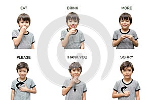 Kid hand sign language education on white background photo