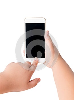 Kid hand touch on mobile smart phone with blank screen.