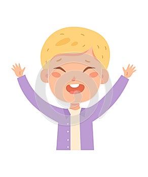 Kid with hand up vector illustration. Cartoon cute boy waving for friends, standing and giving 5, little student of