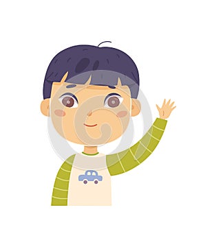 Kid with hand up vector illustration. Cartoon cute boy waving for friends, standing and giving 5, little student of