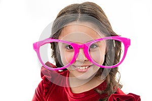 Kid happy wear cute eyeglasses accessory. Child charming smile isolated white background. Girl wear big funny eyeglasses