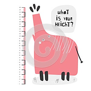 Kid height measurement, centimeter, chart with elephant for wall, room interior.