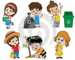 Kid help save the world by collecting plastic bottles recycled,